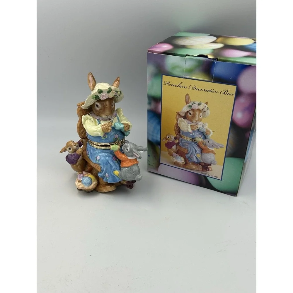 Porcelain Gma Rabbit Bunny Decorative Hinged Keepsake Box Easter Decor 7inch